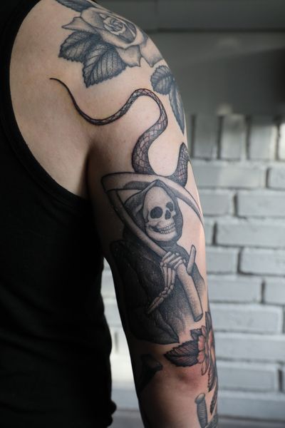 Embrace the darkness with this intricate dotwork reaper tattoo design by the talented artist Jeppe Dahl Rørdam.