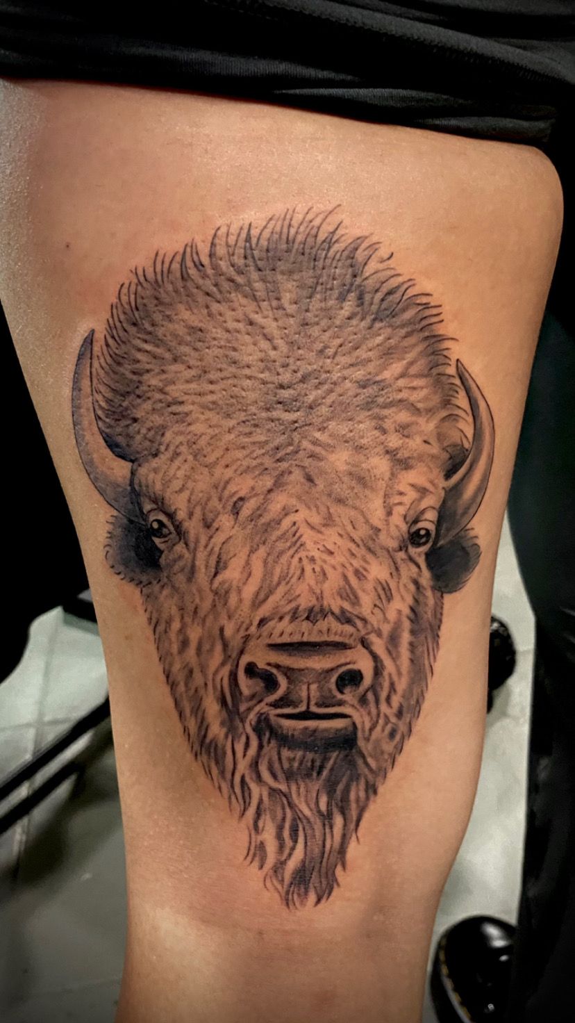 Buffalo and mountains tattoo