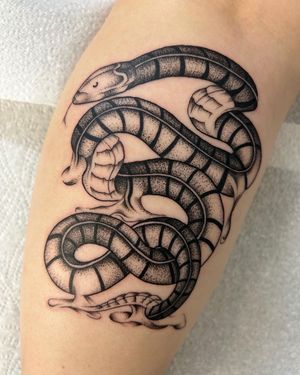 Unique dotwork style snake tattoo designed by Jack Howard, combining illustration with intricate dotwork techniques.