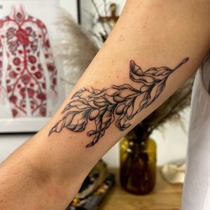 Adorn your upper arm with a beautiful floral design featuring an olive tree motif by talented artist Jack Howard.