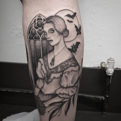 Illustrative tattoo of a mysterious lady with vampire features, created by Elisa Thirteen.