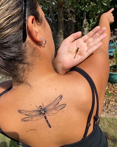 Unique tattoo by Jack Howard blending dotwork and fine line techniques to create a detailed illustrative dragonfly design.