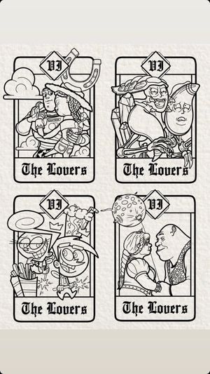 Lovers Tarot cards.
These designs must be tattooed from +12cm and are available shaded and/or with colour, upon request.
Suitable for a variety of placements, but mainly areas where there is minimal wrapping given the straight outlines.