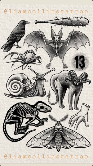 Friday 13th Halloween Flash Sheet.
*PLEASE NOTE the Skeleton Bat, Skull Snail, Satanic Cat & Moth designs have already been tattooed and are therefore unavailable*
These designs are suitable for a variety of placements & sizes.