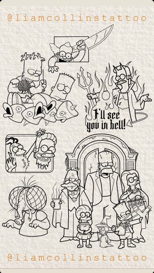 The Simpsons Treehouse of Horror designs.
*PLEASE NOTE the Knife Krusty & Ned Flanders Severed Head pieces have already been tattooed and are therefore unavailable*
These designs are suitable for a variety of placements & sizes, available fully shaded and/or with colour, upon request.