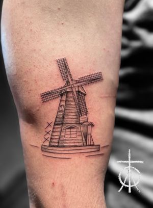 Dutch Windmill Tattoo by Claudia Fedorovici #finelinetattooartist #tattooartistsamsterdam #claudiafedorovici #finelinetattoo #finetattoo #amsterdamtattoo #windmilltattoo