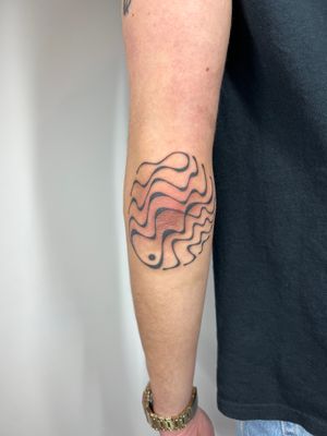 Unique hand poked tattoo by Dan Bramfitt featuring abstract and freehand tile motif design.