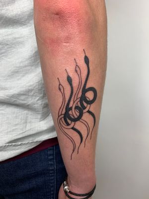 Experience the stunning artistry of Dan Bramfitt with this fine line snake tattoo. Perfect balance of elegance and edginess.