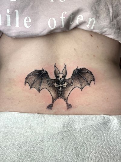 Unique dotwork technique brings this eerie bat skeleton motif to life. Expertly executed by artist Liam Collins.