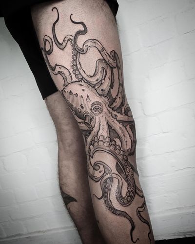 Admire the detailed blackwork octopus sketch by artist Helena Velazquez. A unique and captivating addition to your body art collection.