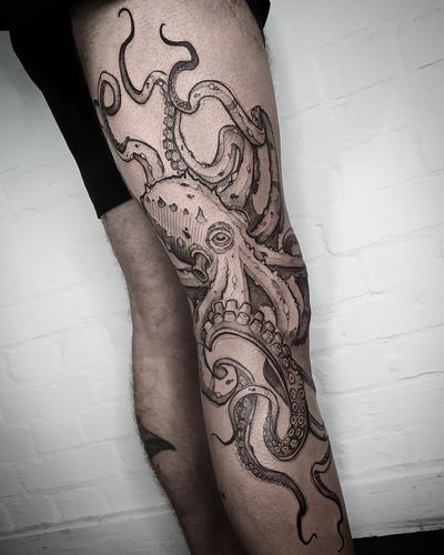 Unique blackwork illustration of a sketch octopus, expertly done by Helena Velazquez. A striking and intricate design.