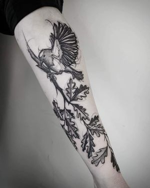 Helena Velazquez's blackwork illustration tattoo of a bird perched on a sketchy branch.
