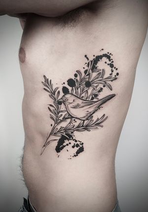 Unique blackwork tattoo by Helena Velazquez featuring a sketchy bird surrounded by delicate watercolor rosemary.