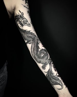Bold and intricate blackwork dragon tattoo designed by Helena Velazquez, featuring unique illustrative style.