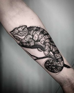 Get inked with a unique blackwork and dotwork chameleon sketch tattoo by the talented artist Helena Velazquez.