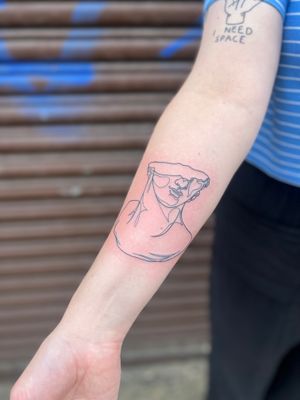 Get a unique fine line tattoo of a statue by Well Good Mate, featuring intricate details in a single continuous line.