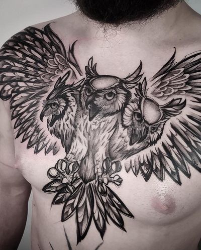 Unique blackwork owl design with sketchy details, expertly executed by tattoo artist Helena Velazquez.