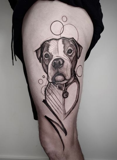 Unique blackwork tattoo of a boxer dog in geometric and illustrative style, by talented artist Helena Velazquez.