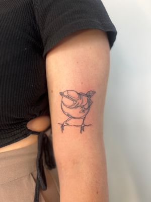 Get a minimalist fine line sparrow tattoo by Well Good Mate for a stylish and unique look. Perfect for bird lovers!