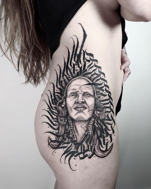 Experience the beauty of African sketch art with this stunning blackwork tattoo by Helena Velazquez. Bold lines and intricate details bring this unique design to life.