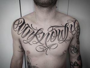 Express yourself with personalized lettering on your chest by talented artist Helena Velazquez.