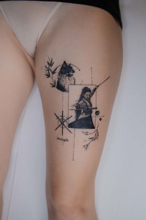 Cat, female samurai, swords, plants and geometric tattoo