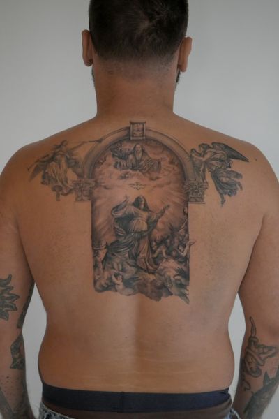 Renaissance influenced back peice in progress. needs 2 more sessions. to complete.