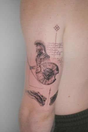 Relatives tribute tattoo. Greek Warrior with Wings and Tiger Faced Shield holding a Spear in a micro realistic style