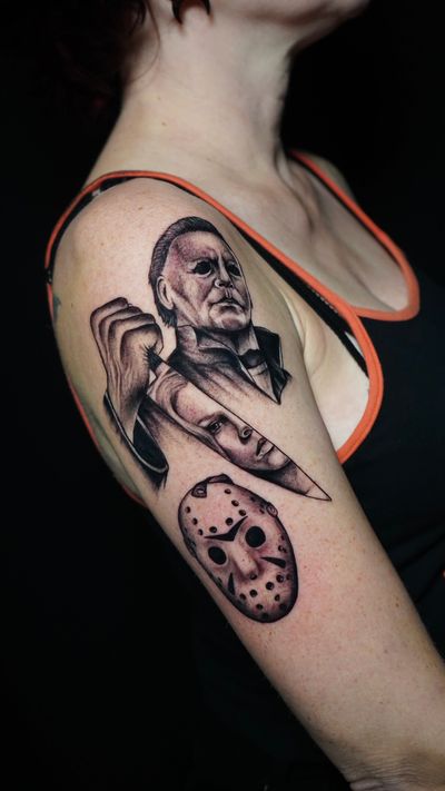 Get a spooky black and gray realism tattoo inspired by the iconic Halloween movie character, Michael Myers, done by the talented Miss Vampira.