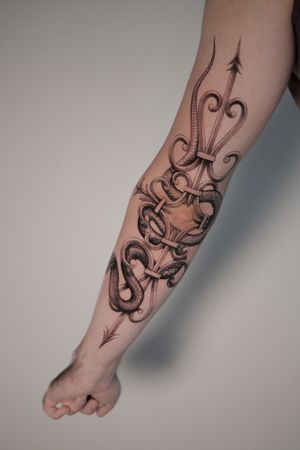 Snake and Iron Gate Elbow Full back of Arm tattoo