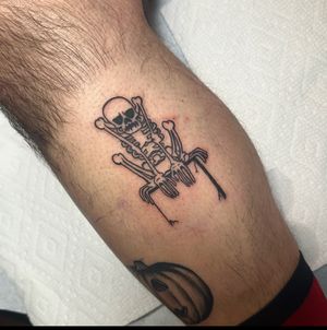 Get an eerie yet captivating illustrative skeleton tattoo done by the talented artist Miss Vampira. Perfect for those seeking a unique and haunting design.