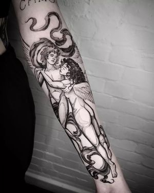 Get a heavenly touch with this illustrative dotwork tattoo by the talented artist Helena Velazquez.