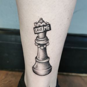 A stunning illustrative tattoo of a queen chess piece, by the talented artist Jonathan Glick. Perfect for fans of the game and those who appreciate intricate designs.