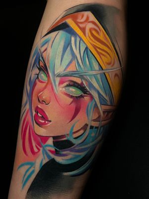 Get inked with a stunning anime lady featuring mesmerizing green eyes on your arm by Cloto.tattoos.
