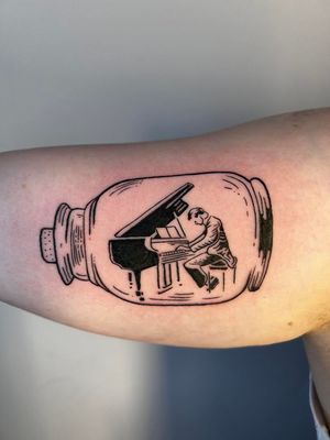 Illustrative ignorant style tattoo by Jonathan Glick combining a pianist, musician, and bottle motif. Perfect for music lovers!
