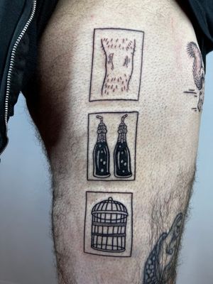 Unique illustrative piece by Jonathan Glick featuring a soda can, knee, and birdcage within a decorative frame.