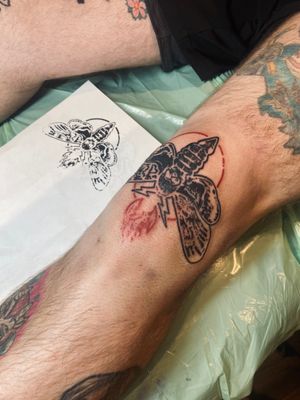 Illustrative tattoo by Frankie Brown combining the mystical moth motif with elements from WWE superstar Bray Wyatt's persona.