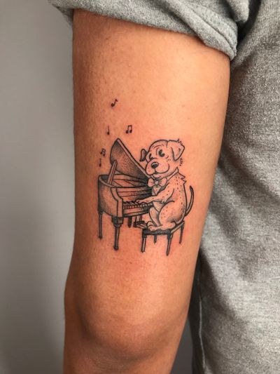 Adorable dog playing piano in a playful illustrative style by Jonathan Glick. Perfect for music lovers and dog enthusiasts!