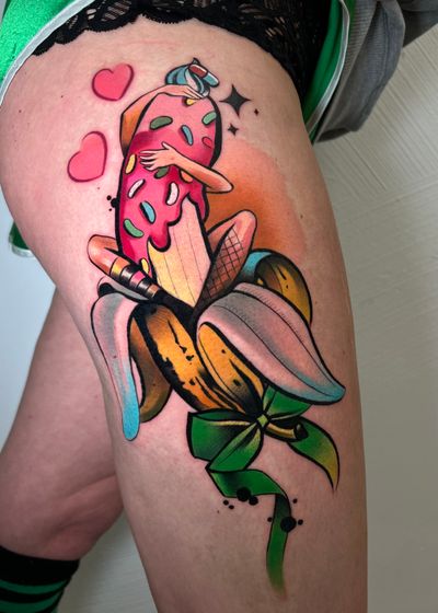 Get enchanted with this illustrative watercolor tattoo featuring a banana, fairy, and love motif by Cloto.tattoos.
