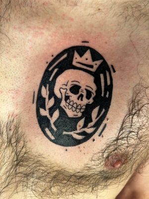 Unique tattoo design by Jonathan Glick featuring a skull, sign, and patch illustration. Perfect for those seeking original and edgy body art.