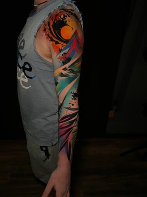 Get a stunning watercolor pattern sleeve tattoo by Cloto.tattoos for a unique and artistic look.