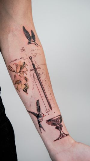 Admire the skill of Jacky Yang with this micro_realism sword tattoo on your forearm, a striking and detailed masterpiece.