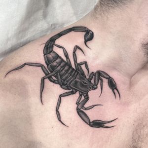 Impressive black and gray scorpion tattoo by Luke Smith. Perfectly placed on the neck for a bold statement.