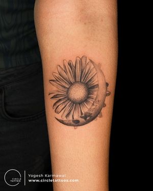 Custom Sunflower and Moon Tattoo made by Yogesh Karmawat at Circle Tattoo India