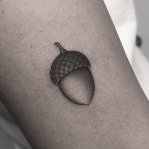 Elegant black and gray acorn tattoo design by artist Oliver Whiting, capturing the beauty of nature in intricate detail.