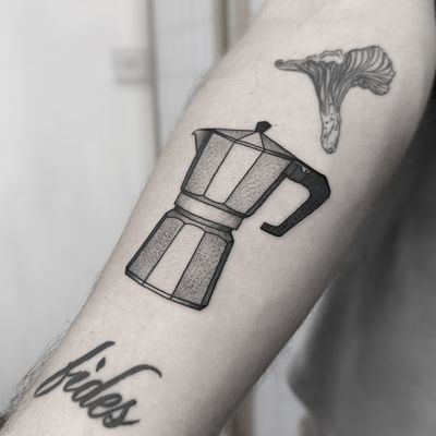 Unique dotwork illustration of a steaming cup of Italian coffee, executed by renowned artist Oliver Whiting.