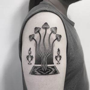 Unique and intricate design by artist Oliver Whiting, blending elements of carpets, mushrooms, and vases in dotwork style.