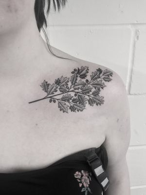 Illustrative tattoo by Oliver Whiting featuring intricate dotwork design of american holly, acorn, and branch motif.