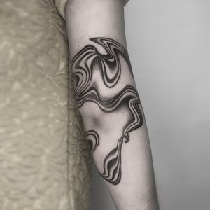 Experience the mesmerizing beauty of this abstract dotwork tattoo featuring wavy flow design by talented artist Oliver Whiting.