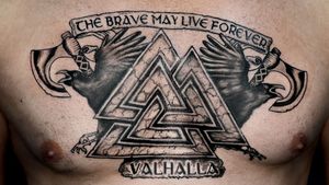 Odin Valhalla Vikings Valknut Norse mythology. Ravens holding a banner the brave may live forever. Two sessions.